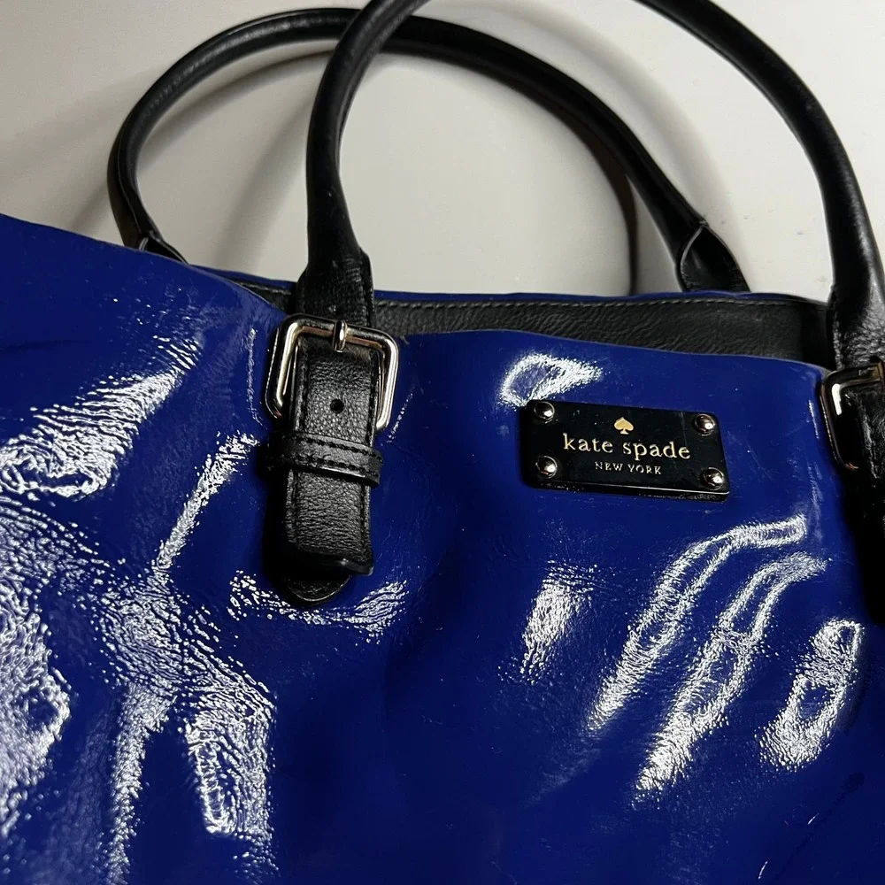 Kate Spade New York Blue Black Patent Leather Colorblock Tote Shoulder Bag